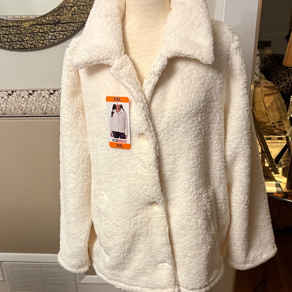 Cozy Cream Sherpa Jacket Women's Plush Button-Front Coat XXL new w tags